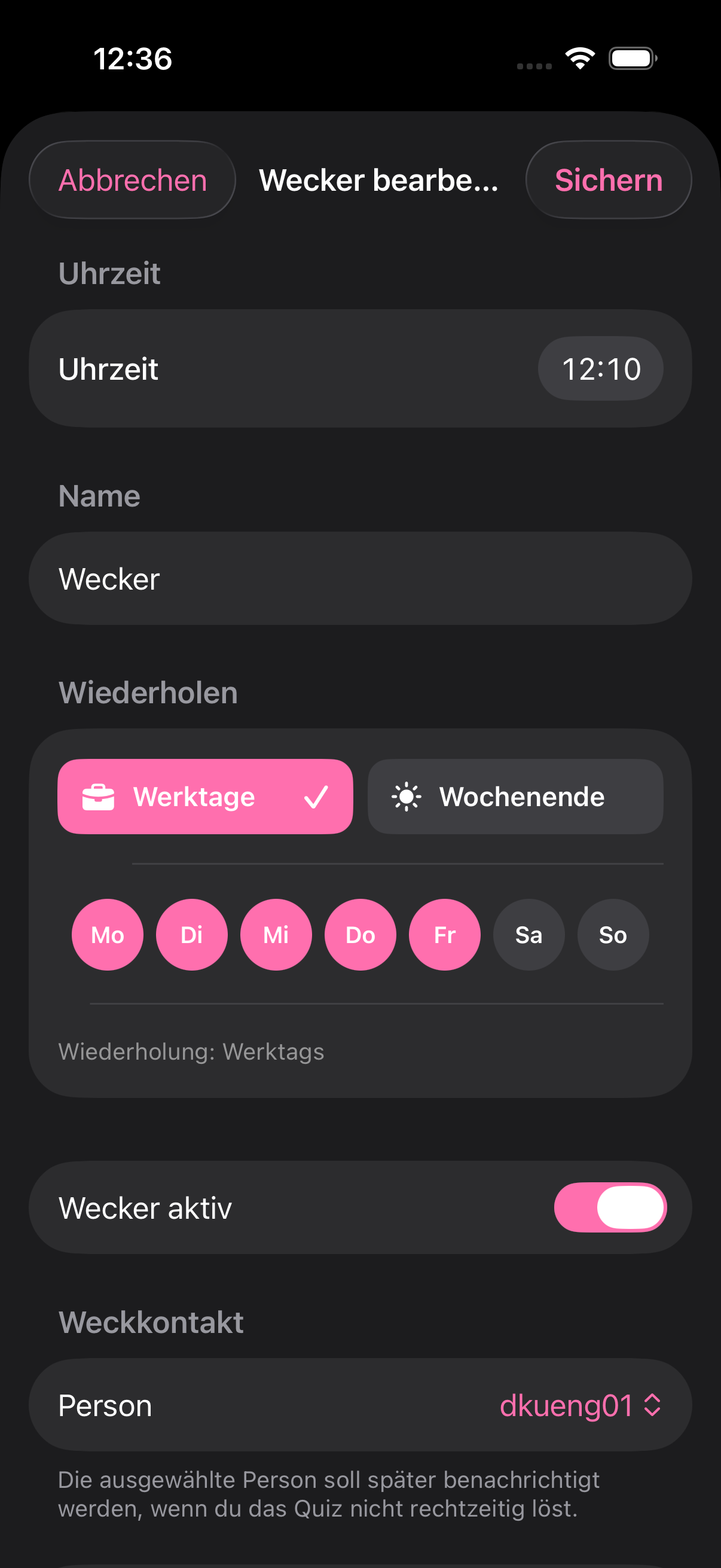 Auswahl eines Weckkontakts beim Erstellen eines Weckers