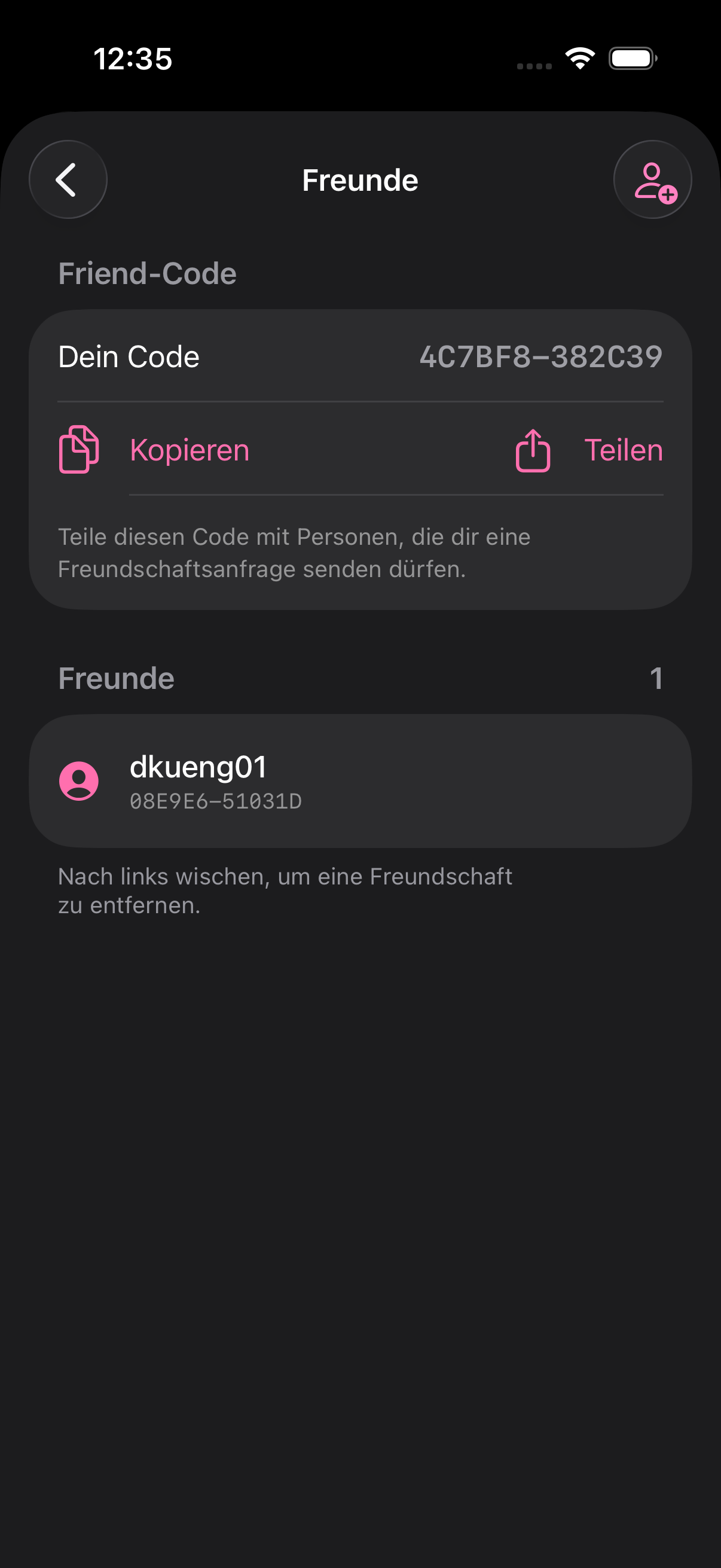 Freundesliste mit teilbarem Freund-Code